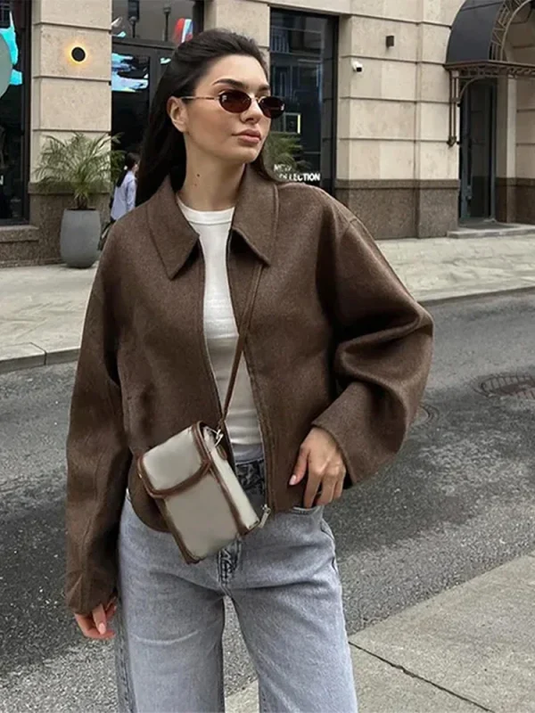 Fashion Brown Zipper Woolen Jacket For Women Elegant Lapel Long Sleeve Short Coats Female Vintage Autumn Lady Street Outerwear