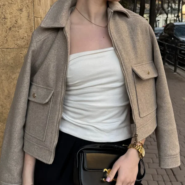 BSK&TRAF autumn and winter new women's clothing pocket zipper decoration soft simple long-sleeved lapel short jacket