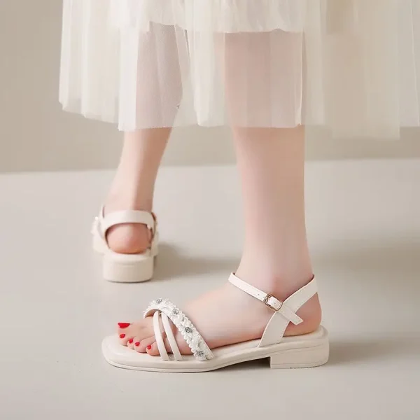 Sandals for Women Diamond Pearl Purple with Low Heels Woman Shoes Summer 2025 Offers Sale Asian Size Luxury Cheap Liquidation On