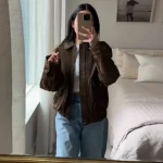 Brown Green Suede Jacket Women Lapel Zipper Long Sleeve Pockets Bomber Coat 2025 Spring Autumn Lady Loose Motorcycle Outwears