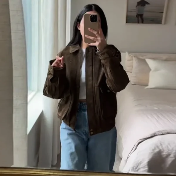 Brown Green Suede Jacket Women Lapel Zipper Long Sleeve Pockets Bomber Coat 2025 Spring Autumn Lady Loose Motorcycle Outwears