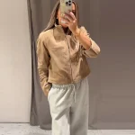 Brown Green Suede Jacket Women Lapel Zipper Long Sleeve Pockets Bomber Coat 2025 Spring Autumn Lady Loose Motorcycle Outwears