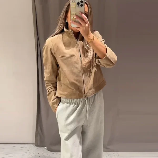 Brown Green Suede Jacket Women Lapel Zipper Long Sleeve Pockets Bomber Coat 2025 Spring Autumn Lady Loose Motorcycle Outwears