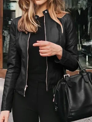 Slim Fit Faux Leather Jacket Women Classic Moto Biker PU Leater Jacket Spring Autumn Basic Zipper Coat Outerwear