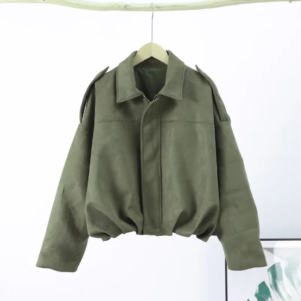 Brown Green Suede Jacket Women Lapel Zipper Long Sleeve Pockets Bomber Coat 2025 Spring Autumn Lady Loose Motorcycle Outwears