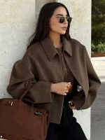 Fashion Brown Zipper Woolen Jacket For Women Elegant Lapel Long Sleeve Short Coats Female Vintage Autumn Lady Street Outerwear