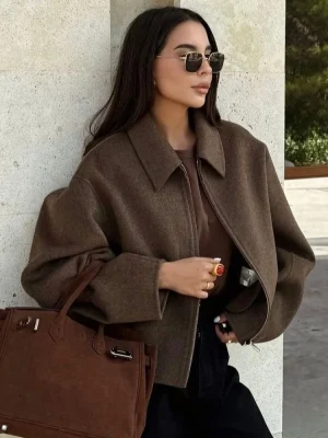 Fashion Brown Zipper Woolen Jacket For Women Elegant Lapel Long Sleeve Short Coats Female Vintage Autumn Lady Street Outerwear