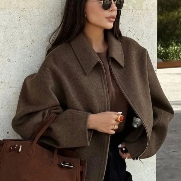 Fashion Brown Zipper Woolen Jacket For Women Elegant Lapel Long Sleeve Short Coats Female Vintage Autumn Lady Street Outerwear