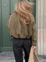 Brown Green Suede Jacket Women Lapel Zipper Long Sleeve Pockets Bomber Coat 2025 Spring Autumn Lady Loose Motorcycle Outwears