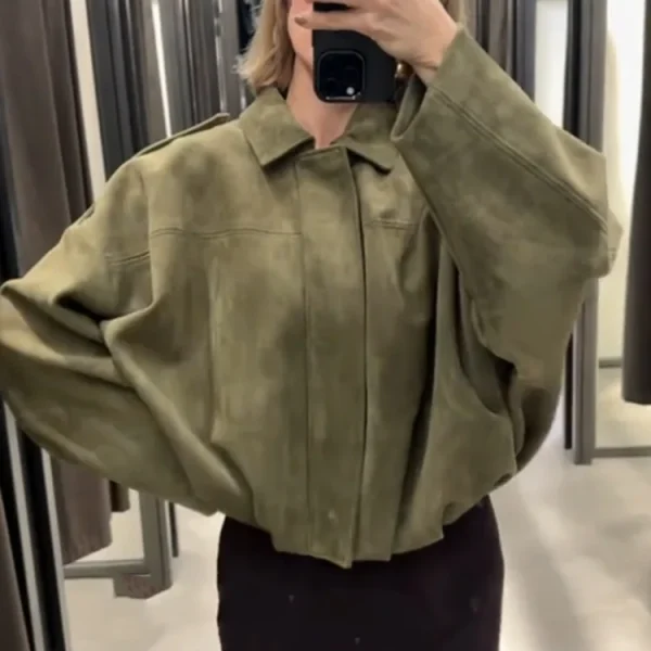 Brown Green Suede Jacket Women Lapel Zipper Long Sleeve Pockets Bomber Coat 2025 Spring Autumn Lady Loose Motorcycle Outwears
