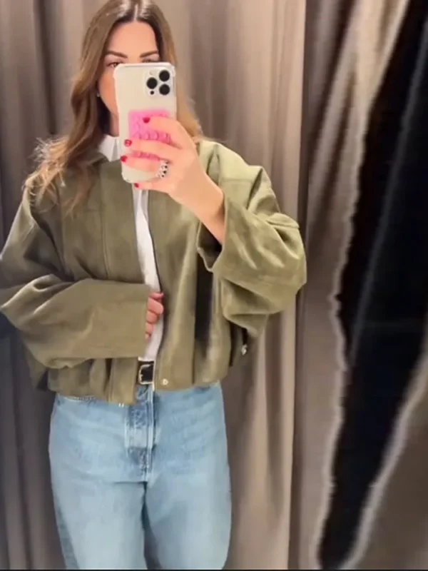 Brown Green Suede Jacket Women Lapel Zipper Long Sleeve Pockets Bomber Coat 2025 Spring Autumn Lady Loose Motorcycle Outwears