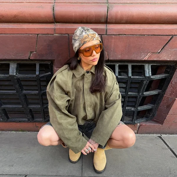 Brown Green Suede Jacket Women Lapel Zipper Long Sleeve Pockets Bomber Coat 2025 Spring Autumn Lady Loose Motorcycle Outwears