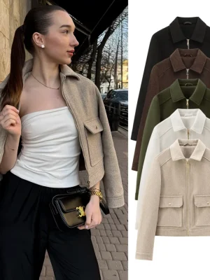 BSK&TRAF autumn and winter new women's clothing pocket zipper decoration soft simple long-sleeved lapel short jacket