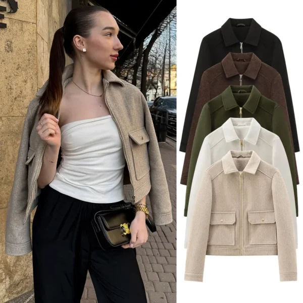 BSK&TRAF autumn and winter new women's clothing pocket zipper decoration soft simple long-sleeved lapel short jacket