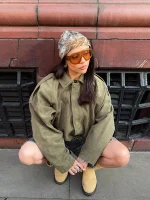 Brown Green Suede Jacket Women Lapel Zipper Long Sleeve Pockets Bomber Coat 2025 Spring Autumn Lady Loose Motorcycle Outwears