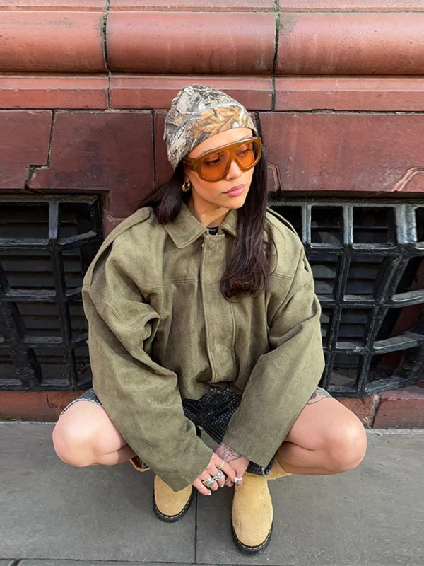 Brown Green Suede Jacket Women Lapel Zipper Long Sleeve Pockets Bomber Coat 2025 Spring Autumn Lady Loose Motorcycle Outwears