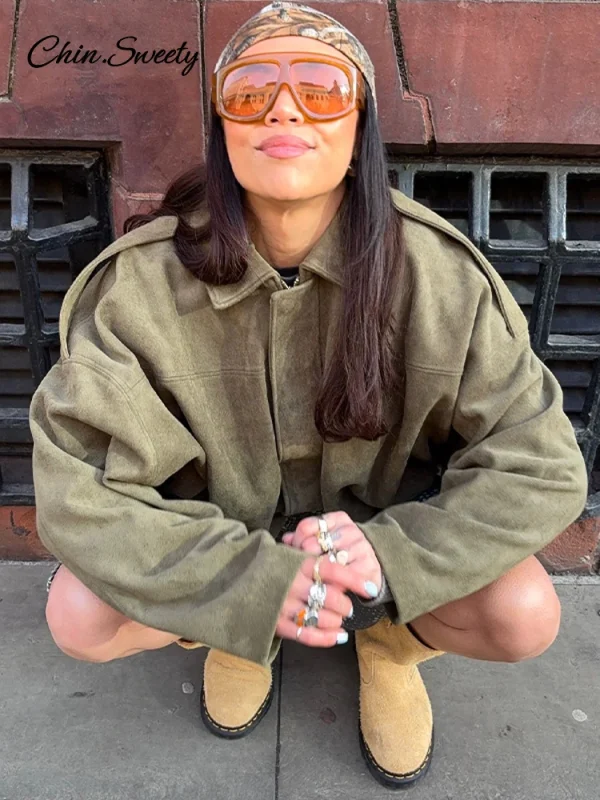 Brown Green Suede Jacket Women Lapel Zipper Long Sleeve Pockets Bomber Coat 2025 Spring Autumn Lady Loose Motorcycle Outwears