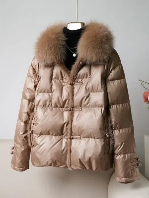 Winter New Fox Hair Collar Mink Hair Splice Vintage Chinese Style Pan Button White Duck Down Down Coat Jacket Women