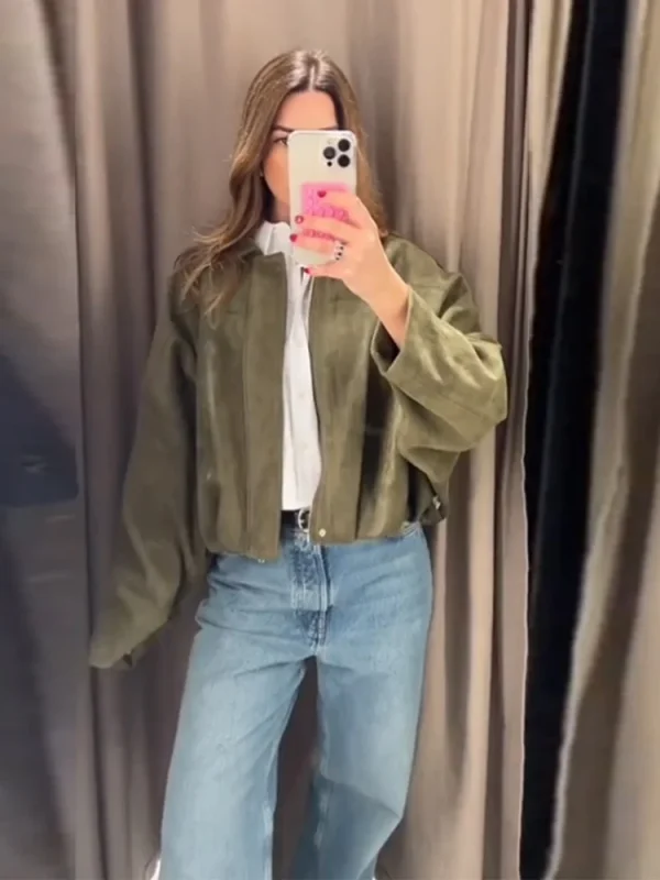 Brown Green Suede Jacket Women Lapel Zipper Long Sleeve Pockets Bomber Coat 2025 Spring Autumn Lady Loose Motorcycle Outwears